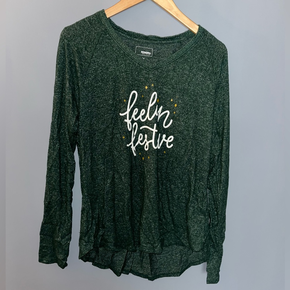 Sonoma Goods For Life Womens Feelin Festive Graphic Top Green‎ Heathered Medium